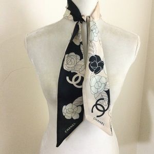 CHANEL Black & Cream Floral Camellia Silk Twilly Scarf